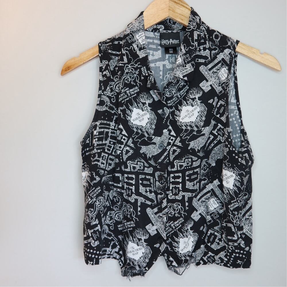 Harry Potter Marauders Map Sleeveless Vest Top Raw Hem Rayon Size SM